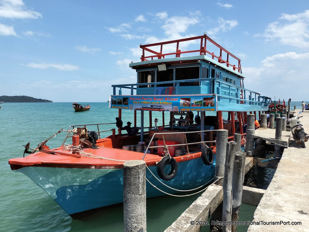 Kampot International Tourism Port in Cambodia. Ferry to Koh Rong and Koh Rong Samloem Islands. Scenes from Koh Rong Island, Koh Touch Beach.
