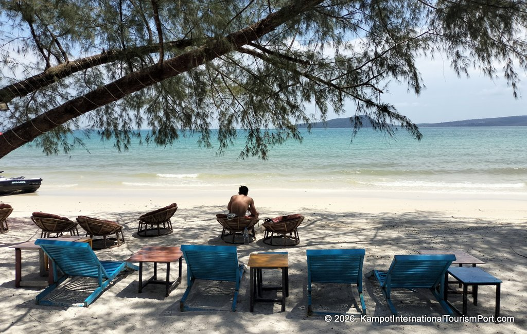Kampot International Tourism Port in Cambodia. Ferry to Koh Rong and Koh Rong Samloem Islands. Scenes from Koh Rong Island, Koh Touch Beach.